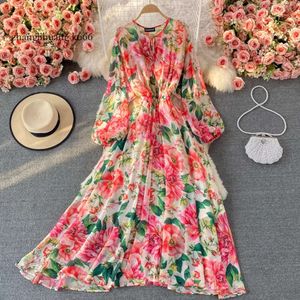 Basic 2024 Casual Jurken Banulin Runway Lente Zomer Vakantie Jurk Dames Elegant Vleermuis Mouw Roze Print Boheems Dame Chiffon Lange Maxi N76637 230630