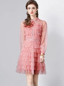Basic A-lijn Casual Zoete Roze Print Ruche Elegante Jurken voor Vrouwen Revers Lange Mouw Hoge Taille Jurk Vrouwelijke Mode kleding Nieuwe 2024
