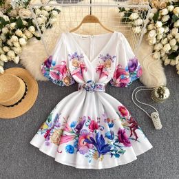 Basic Casual Dres Summer Boemian Fr Short Dr Dames V-hals Bladermouw Floral Print High Taille A-Line Belt Holiday Boho Mini Vestidos 2024 99v1#