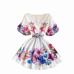 Basis Casual Dres Summer Boemian Fr Short Dr Dames V-Neck Puff Sleeve Floral Print High Taille A-Line Belt Holiday Boho Mini Vestidos 2024 Q5EM#