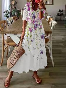 Robe décontractée basique élégante col en V été plage à manches courtes brodé mince longue robe Vintage cordon couvrir 230726