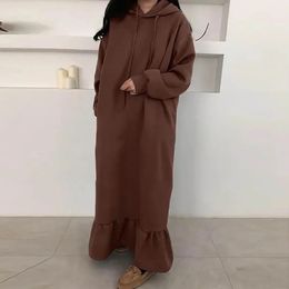 Basic Casual Dresse Maxi Sweatshirt Jurk Met Capuchon Fleece Effen Kleur Losse Zonnejurk Herfst Winter Ruches Lange Hoodie Streetwear 231116