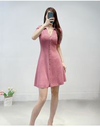 Basic Casual Dresse New m-aje Pink Short A-line Skirt Single Breasted V-cou Short Sleeve Knitted Dress