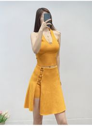 Basic Casual Dresse New s-andro Jaune Mode Casual Outwear Hanging Neck V-Neck Knit Half Skirt Set