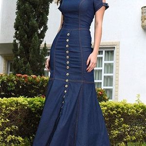 Basic Casual Dresse's Sexy Slim Stretch Fashion Solid Color Short Sleeve Denim Maxi Bodycon Dress Summer Office Ladies Clothing 230823