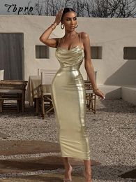 Basic Casual Dresse Sexy Cinturino per spaghetti Oro Midi Dress Fashion Wrap Chest Slim Backless 2023 Summer Party Club Bodycon Vestidos 230629