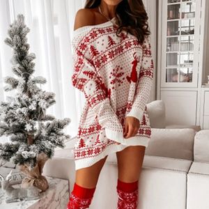 Robe décontractée de base motif cerf de neige Robe du père Noël chaud coupe ample Noël haut tricoté à manches longues col Slash Robe d'hiver 231116