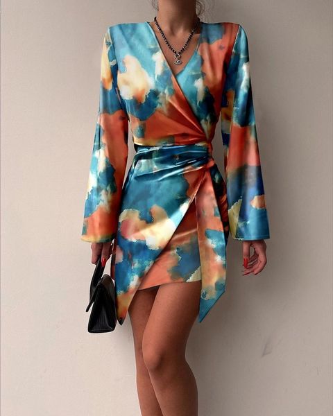 Robe décontractée de base été élégant col en V Wrap ALine robe plissée printemps Vintage à manches longues fête bureau dame mode mince 230823