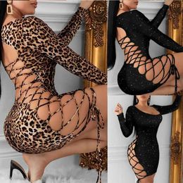 Basic Casual Dresses 2020 Fashion Women Leopard Bling Bodycon Sexy Mini Dress Long Sleeve Bandage Hollow Out Evening Party Club Ladies Dresses Q240430