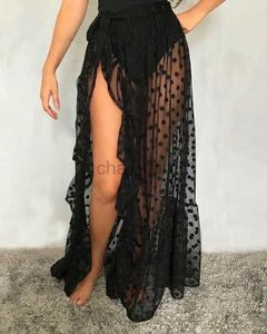 Basic casual jurken 2021 Nieuwe hete zomer dames mesh pure polka dot lange gesplitste rokken sexy strand zonnebrandcrème bikini cover up wrap rok 240419