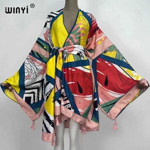 Vestidos informales básicos 2021 Winyi Nuevo algodón Bikini dulce Dama Pink Boho estampado Auto -arrezamiento Open Long Kimono Dress Beach Tunic Women Women Vestidos 240419