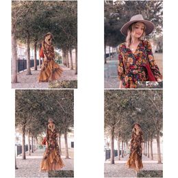 Basic Casual Jurken 2022 Herfst Vloerlengte Jurk Dames Lange Mouwen Afdrukken Bloemen Vintage Irregar Maxi Mujer Chic Wrap Drop D Dho0S