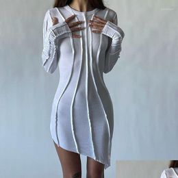 Robes décontractées de base 2022 automne blanc col rond asymétrique à manches longues femmes robe moulante noir Y côtelé tricoté rue mode Mini Dhsuo