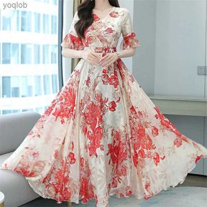 Basic casual jurken 2022 Elegante vrouwen plus size Boho Beach Maxi Dress Floral Chiffon Midi SundressL2403