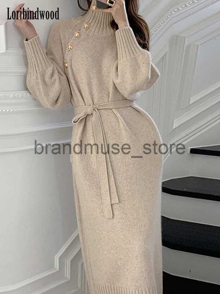 Robes décontractées de base 2022 sud-coréen Chic automne hiver Vintage col haut Chic bouton deux vêtements robe pull dentelle taille robe en tricot femmes J231208