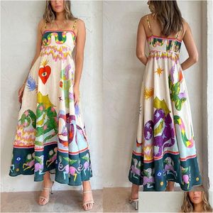 Vestidos casuales básicos 2023 Diseñador australiano Fancy Vestido largo para mujer Patrón abstracto Cintura reunida Sin mangas Halter Ropa Wome Otrjp