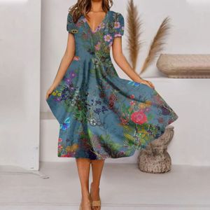 Basic Casual Jurken 2023 Bohemian Holiday Zonnejurk Zomer Vrouwen Vintage Bloemen Gedrukt Korte Mouw Strand Jurk Losse Lange Vestido Gewaad Vrouwelijke 230612