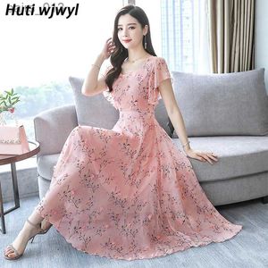 Basic Casual Jurken 2023 Bloemen Chiffon Midi Zomer Print Vintage Elegante Vrouwen Bodycon Roze Feestjurken Strand Boho Maxi Zonnejurk YQ231025