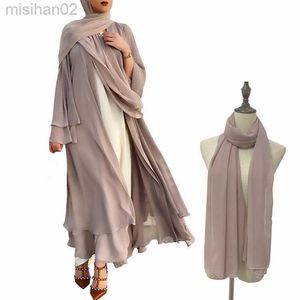 Vestidos casuales básicos 2023 Nueva llegada Estilo de moda Mujeres musulmanas Manga larga Poliéster Color sólido Vestido largo Vestido musulmán Mujeres Abaya con bufanda HKD230807