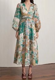 Robes décontractées basiques 2023 nouveau col en v plissé imprimé taille robe portefeuille longue