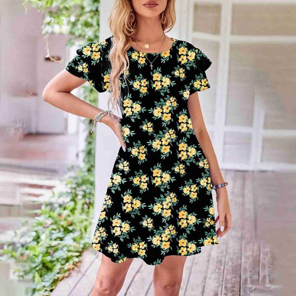 Vestidos casuales básicos 2023 Nuevas mujeres Nuevo vestido corto redondo Cuello Manga corta Manga corta Estampado floral Playa Mujer Boho Fiesta Damas SundressL2403