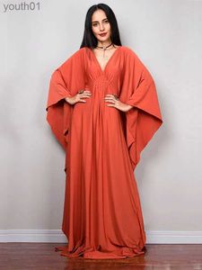 Robes décontractées de base 2023 manches de batwing en V massif en V plus taille Kaftan lâche maxi femmes d'été de baignade de baignade