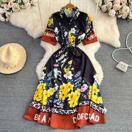 Vestidos casuais básicos 2023 verão mais novo designer de passarela vestido de laço feminino manga curta camisa gola floral estampado preto rosa vestidos midi