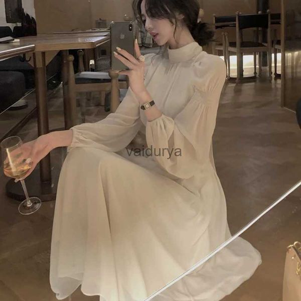 Vestidos casuales básicos 2023 tortuga de verano beige beige blanco midi vestido mujer manga larga francés elegante vestido de ropa de moda coreana diseño YQ231222