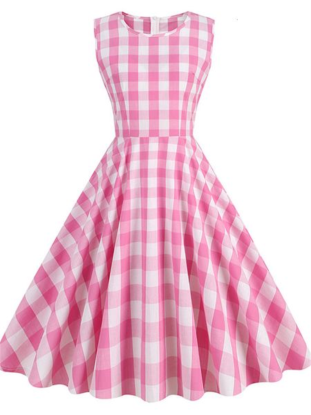 Vestidos informales básicos 2023 Vintage Kawaii Pink Plaid Dress Retro Women Costume Movie Barbei Roleplay Fantasia Halloween Party Ropa para disfraz 230830