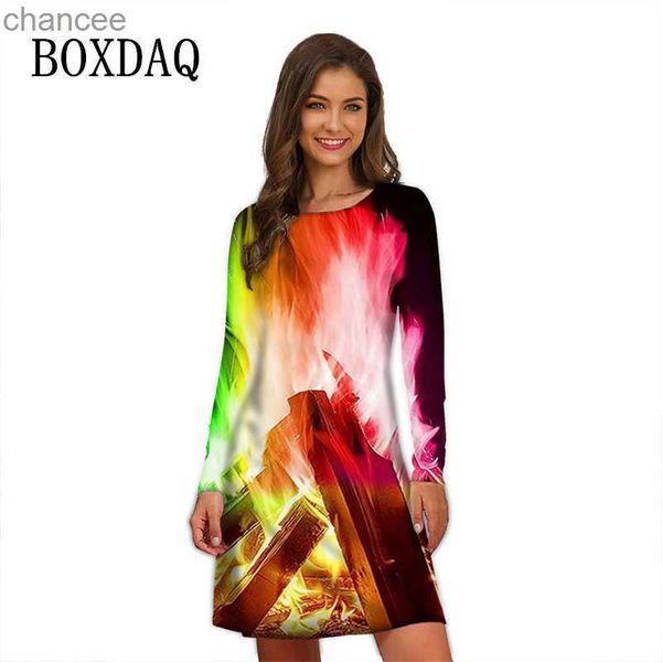 Robes décontractées de base 2023 Mode hiver Flamme Motif Imprimer Robes Femmes À Manches Longues Mini Robe Automne Surdimensionné Femelle Street Style Hip Hop Robe LST230904