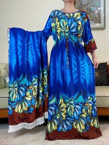 Basis Casual jurken 2023Latest African Lady Summer Half Slve -jurk met grote sjaal verzamel taille bloemen boubou maxi islam vrouwen jurk abaya kleding t240510
