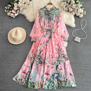 Basic casual jurken 2024 Autumn Holiday Gorgeous Flower Rabbit Maxi Dress Dames Ruffed Betal Mouw Cascading Floral Print Lace Up Chiffon Vestidos