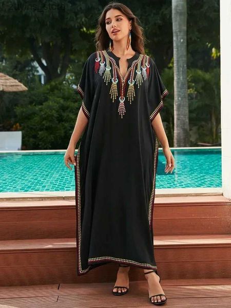 Vestidos casuales básicos 2024 Negro Premio bordado de talla grande Valor V Cuella Kaftan Bohemian Beach MAXI Vestido Beachwear Rente Q1633 L49