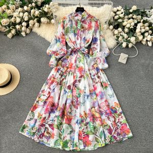 Basic Casual Jurken 2024 Boheemse Bloemen Chiffon Zomerjurken voor Vrouwen Runway Stand Lantaarn Mouw Riem Strand Vakantie Lange Vestidos Boho Gewaad