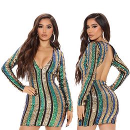 Robes décontractées de base 2024 designer YY6583 Nouveau sexy dos nu manches longues fesses enveloppées discothèque rayé robe à paillettes