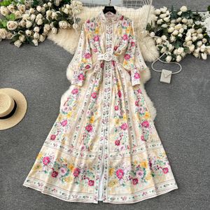 Basic casual jurken 2024 Elegante linnen bloemenvakantie gewaad dames dames lente zomerstand lange lantaarn mouw sashes vestidos bloemenprint kleding