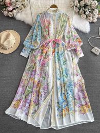 Vestidos casuales básicos 2024 Moda Bohemain Flower Maxi Soporte para mujer Manga larga LA LATER FLORAL LACE UP ALTO BOHO BOHO YQ240402