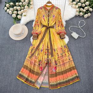 Basic Casual Dresses 2024 Nieuwe zomer Chiffon Flower Boheemse jurk damesrapel Lantaarn mouw enkele borsten riem vat lang gewaad Boho Vestidos