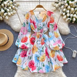 Basic Casual Jurken 2024 Runway Prachtige Bloem Vakantie Strand Mini Jurk Vrouwen V-hals Lantaarn Mouw Bloemenprint Riem Lace Up boho Gewaad Vestidos