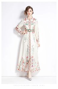 Robes décontractées de base 2024 printemps automne piste col montant pour femmes manches longues lanterne imprimé floral ceinture à simple boutonnage vacances Boho Maxi Robes