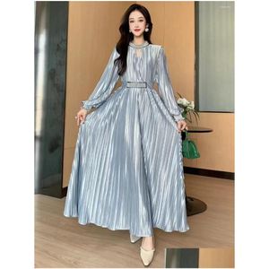 Robes décontractées de base 2024 Spring Automne Femme Long Manche mince Robe de haute qualité Patchwork Patchwork Satin plissé Satin Drop Dh6y5