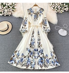 Basic casual jurken 2024 lente zomer vintage bloemen print middellange dames jurk taille veter-up lange mouw o nek dames jurken vestidos rood geel