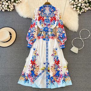 Basic casual jurken 2024 Spring zomer vintage bloem drukkingsjurk met winkels dames Vestidos elegante v-hals damesjurken met één borsten met één borsten