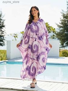 Basic Casual Dresses 2024 Sumer Purple Boho Gedrukte V-hals Tassel Drawtring Kaftan Relaxed Robe Moo Jurk Beachwear Huisjurken Q1604 L49