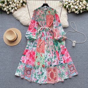 Basic Casual Jurken 2024 Hoge Kwaliteit Lente Damesmode Runway Vakantie Maxi Jurk Met Riem Lantaarn Lange Mouwen Bloem Gedrukt boho Gewaad Vestidos