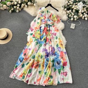 Basic Casual Jurken 2024 Zomer Een Schouder Lange Chiffon Jurk Vrouwen Flare Mouw Bloemenprint Riem Lace Up Vakantie Strand Maxi vestidos