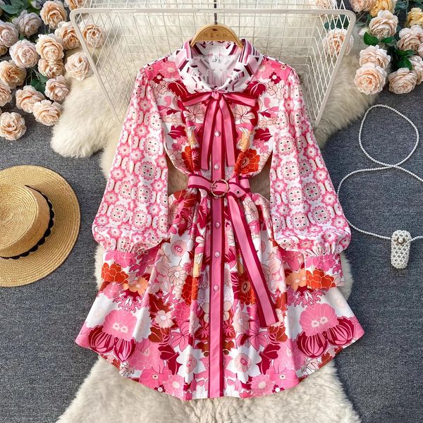 Vestidos informales básicos 2024 Vestido corto de pasarela de verano Pajarita para mujer Cuello vuelto Manga larga Linterna Estampado floral Mini vestido de un solo pecho