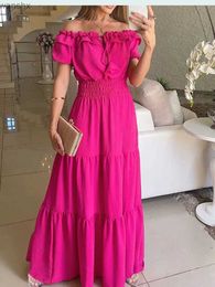 Robes décontractées de base 2024 Robe boho solide d'été Fashion Fashion Elegant Beach Party Robe Casual Slash Neck Office Maxi Robes pour femme robe Femmel2404