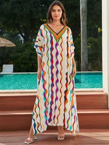 Vestidos casuales básicos 2024 Summer Womens Vestido en V bohemio Vestido largo Kaftan Vibrante Color Swimsuit Cubrido Casa atuendo de túnica Vestidos de playa Q1594 T240412