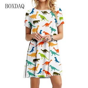 Basic Casual Dresses 3D Dinosaur-printjurken voor zomer 2022 vrouwen korte slve kawaii jurk mode kleding casual o-neck mini short jurk vestido y240504